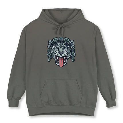 Mayan jaguar head graphic on a hoodie, featuring tribal Mesoamerican art and cultural design.