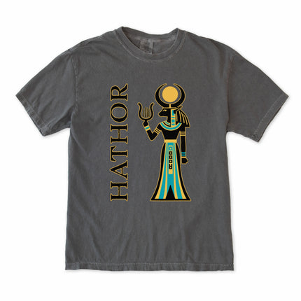 Hathor Egyptian Goddess t-shirt featuring ancient mythology and a sun disk graphic design.