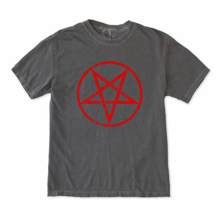 Pentagram sacred geometry graphic t-shirt design featuring occult symbolism.