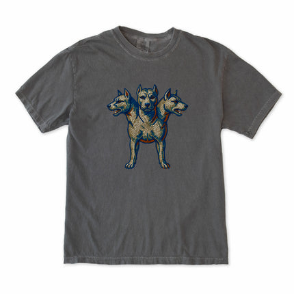 Mosaic graphic t-shirt featuring Cerberus, the three-headed mythological guardian dog of Greek lore.
