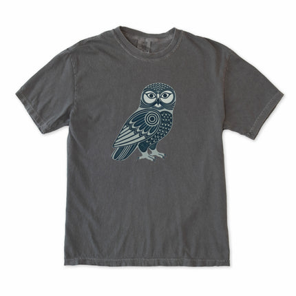 Inuit-inspired geometric tribal owl graphic tee featuring bold bird art print.