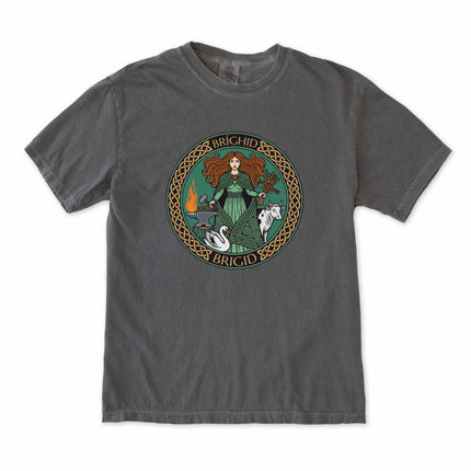 Brighid Celtic Goddess tee featuring Irish mythology art with fire, swan, cow, and forge elements.