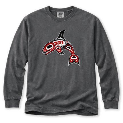 Formline Whale Long Sleeve T-Shirt | Curved Red and White Design Tee