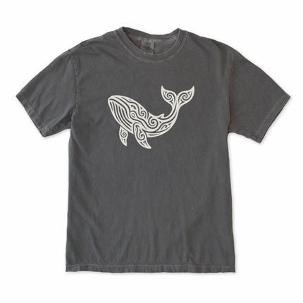 Intricate tribal whale graphic t-shirt design featuring ocean animal art print.