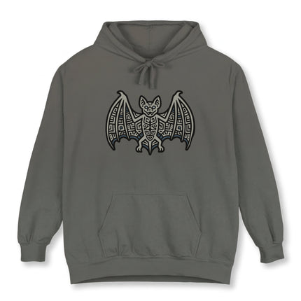 Mayan tribal bat symbol graphic on a unisex pullover hoodie.