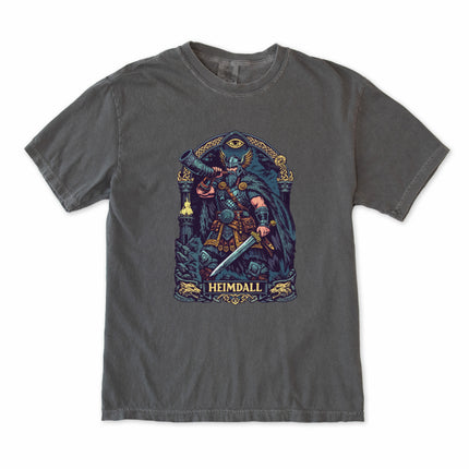 Heimdall Norse God t-shirt featuring Gjallarhorn mythology graphic art and Viking warrior design.