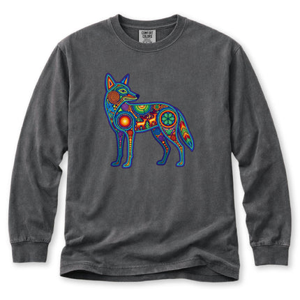 Huichol Coyote Long Sleeve T-Shirt | Multicolor Animal Art Tee