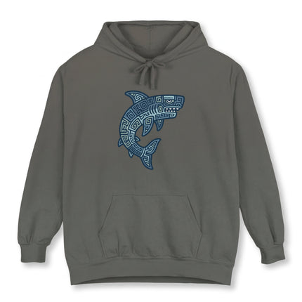 Mayan tribal blue shark pattern geometric art print on a gray hoodie.