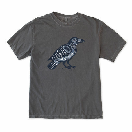 Raven symbol t-shirt featuring indigenous Pacific Northwest art with Inuit inspired graphic design.