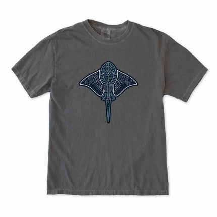 Blue stingray t-shirt featuring a tribal geometric Mayan oceanic pattern print.