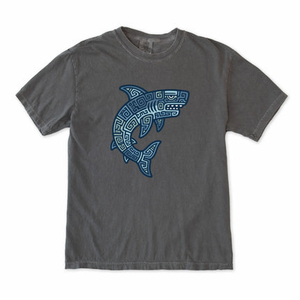 Blue geometric Mayan tribal shark design t-shirt with ocean motifs.