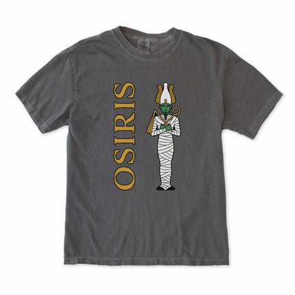 Osiris Egyptian god graphic tee featuring ancient mythology and mummy deity artwork.