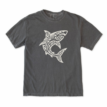 Polynesian tribal shark graphic tee shirt with tattoo-style print.