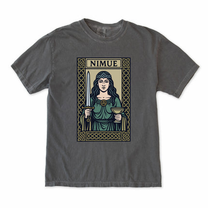 Celtic Nimue Lady of the Lake t-shirt featuring an Arthurian design with a sword and chalice graphic.