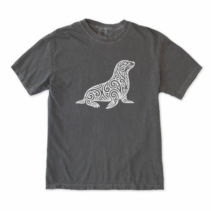 Tribal swirl seal graphic print on a comfort colors t-shirt featuring ornate marine art.