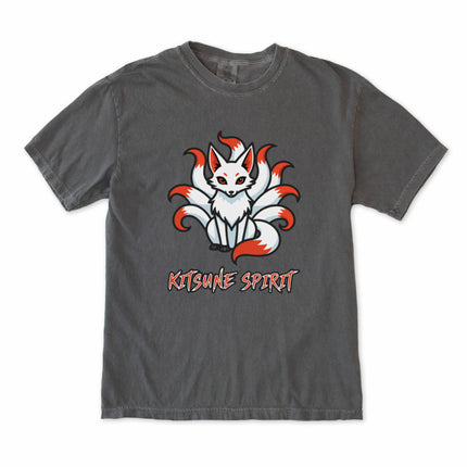 Graphic tee featuring a mystical nine-tailed Kitsune fox spirit from Japanese mythology.