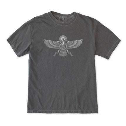 Faravahar symbol t-shirt featuring ancient Zoroastrianism and Persian mythology design.