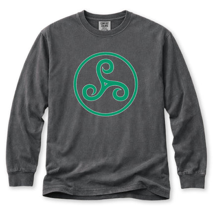 Green triskelion long sleeve t-shirt featuring a Celtic-inspired triple spiral design.