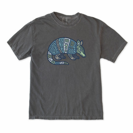 Geometric tribal art t-shirt featuring a blue and green Mayan armadillo graphic design.