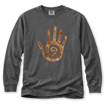 Spiral Healing Hand Long Sleeve T-Shirt | Textured Earth-Tone Motif Tee