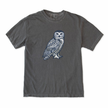 Geometric arctic owl graphic tee shirt with Inuit inspired pattern design.