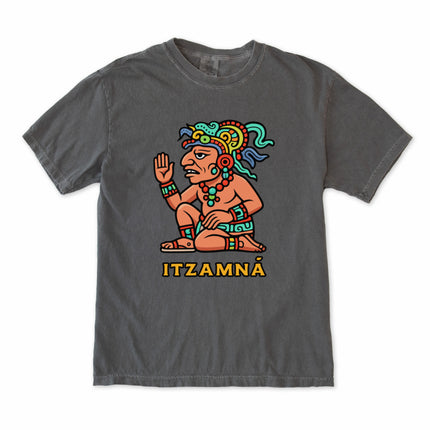 Colorful Itzamná Mayan god graphic t-shirt featuring ancient Mesoamerican mythology art.