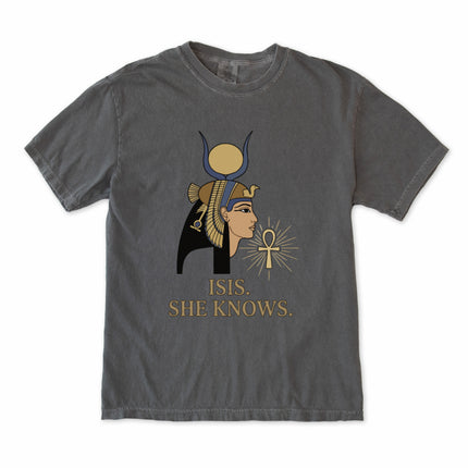Egyptian Goddess Isis illustration printed on a unisex ancient Egyptian themed t-shirt.