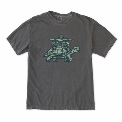 World Turtle and Mayan Temple graphic design t-shirt featuring ancient mythology art.
