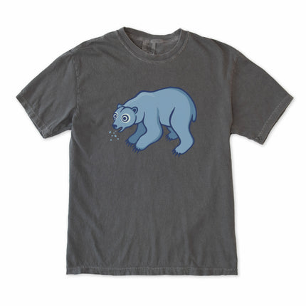 Funny blue polar bear spitting snow graphic unisex t-shirt design.