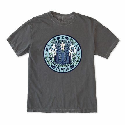 Celtic mythology t-shirt featuring Nimue, the Lady of the Lake water sorceress design.