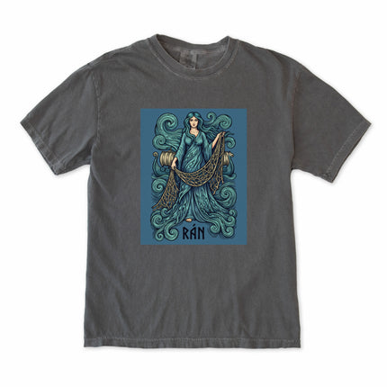 Rán Norse Sea Goddess t-shirt print featuring mythological ocean waves and fishing net design.