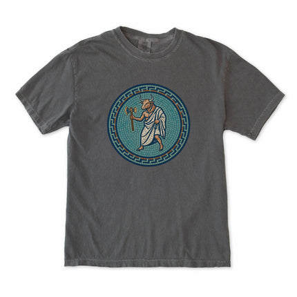 Mosaic depiction of the Minotaur in a Greek labyrinth t-shirt design featuring mythology art.