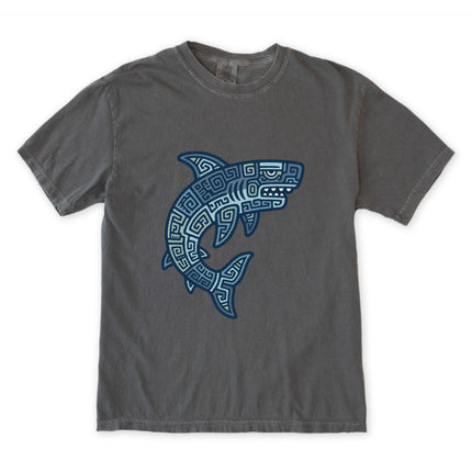 Mayan Tribal Shark T-Shirt | Blue Geometric Design Ocean Tee | Comfort Colors