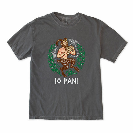 Pan god mythology t-shirt featuring a pan flute and satyr graphic design on comfort colors tee.
