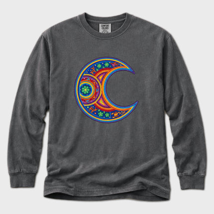 Huichol-Inspired Moon Long Sleeve T-Shirt | Colorful Crescent Art