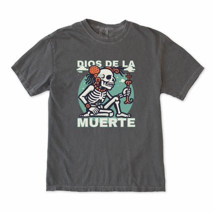 Detailed Mayan Death God skeleton mythology graphic printed on a black t-shirt.