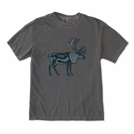 Inuit inspired caribou graphic tee shirt featuring arctic reindeer symbols design.