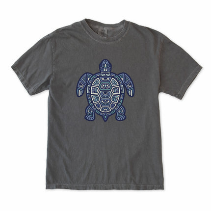 Tribal green sea turtle graphic tee shirt featuring Mayan geometric art print.