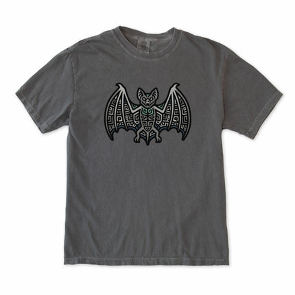 Blue and indigo tee featuring tribal geometric Mayan bat symbols graphic print.