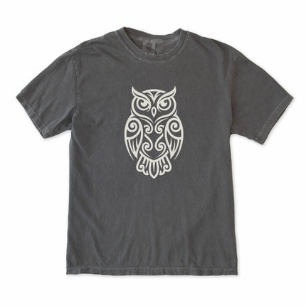 Tribal owl t-shirt featuring intricate Celtic knot designs symbolizing wisdom.
