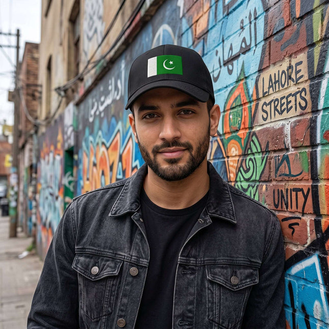 Pakistan flag baseball cap featuring the national symbol. Patriotic streetwear accessory for men.