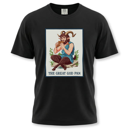 Pan, the satyr god, playing a flute. Greek mythology graphic t-shirt design featuring the Great God Pan.