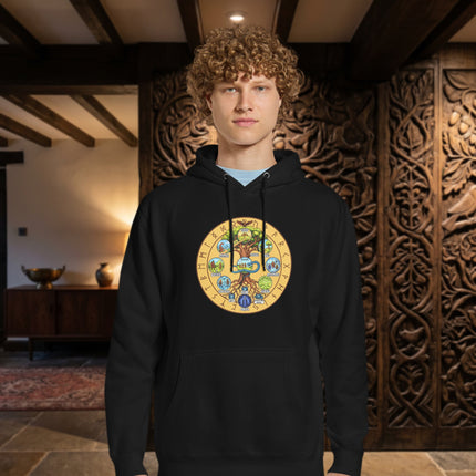 Yggdrasil World Tree hoodie featuring Norse mythology runes and nine realms design print.