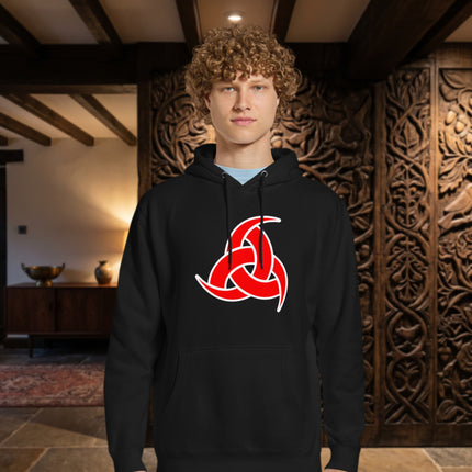 Red graphic hoodie featuring Odin's Horns and Norse Viking symbols on a unisex pullover fleece.