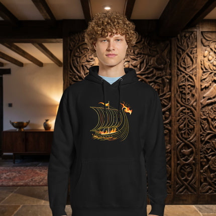 Norse burning longship graphic printed on a unisex Viking funeral pullover hoodie.