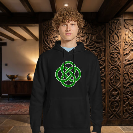 Green hoodie with intricate Celtic knotwork pattern and infinity symbol design.