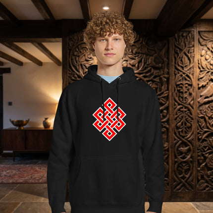 Red Endless Knot Buddhist symbol graphic print on a unisex pullover hoodie.