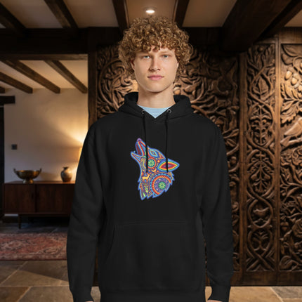 Vibrant Mexican folk art hoodie featuring a howling wolf design.