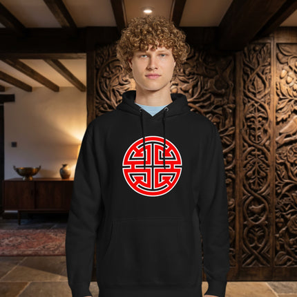 Red pullover fleece hoodie featuring the Chinese Lu prosperity symbol graphic print.