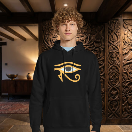 Ancient Egyptian Eye of Horus graphic print on a unisex pullover fleece hoodie.